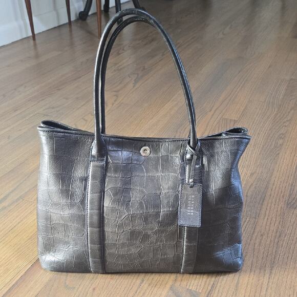Barneys New York Gray Crocodile-Embossed Leather Tote - Picture 1 of 11